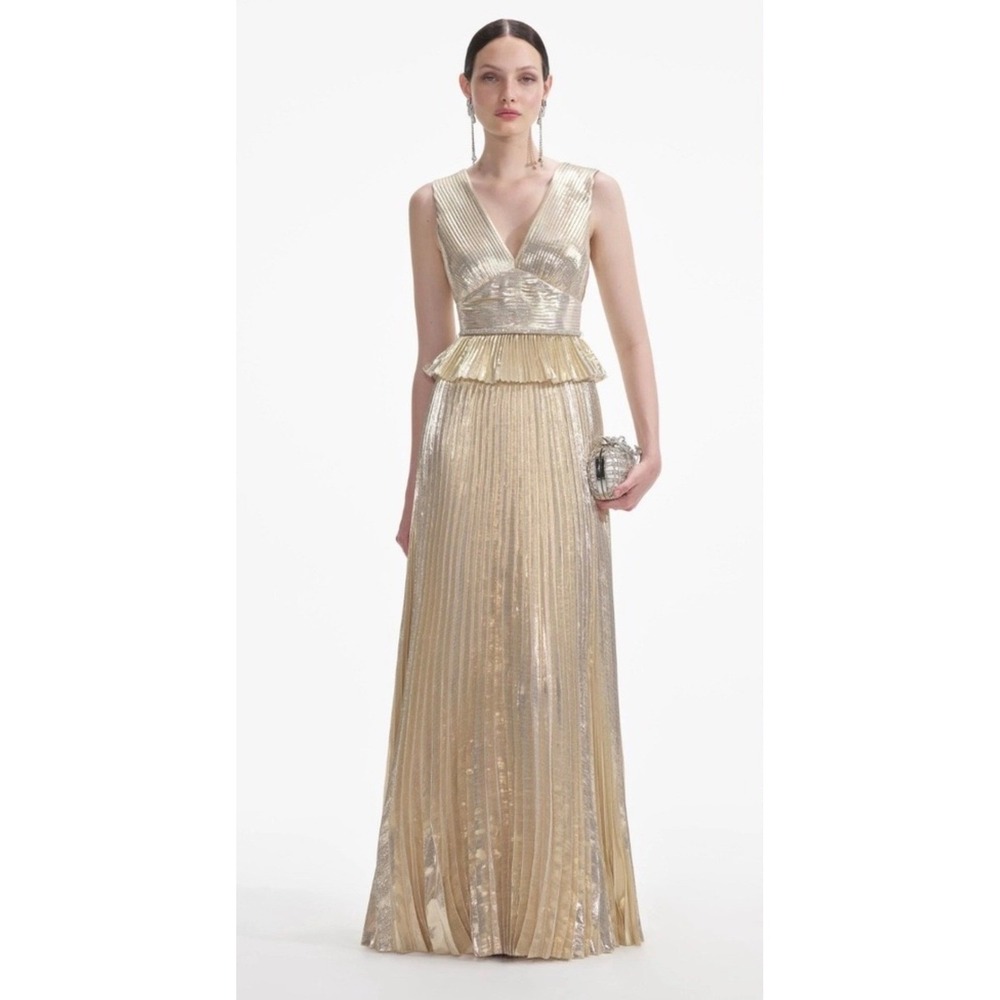 Self-Portrait Gold Metallic Pleated Maxi Gown NWT 8 Wedding Guest Formal Dress - Picture 2 of 9